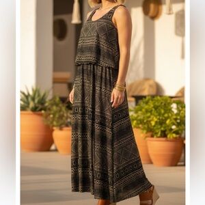 Magic Boho Tribal Print Maxi Dress - Black & Gold - Sleeveless M